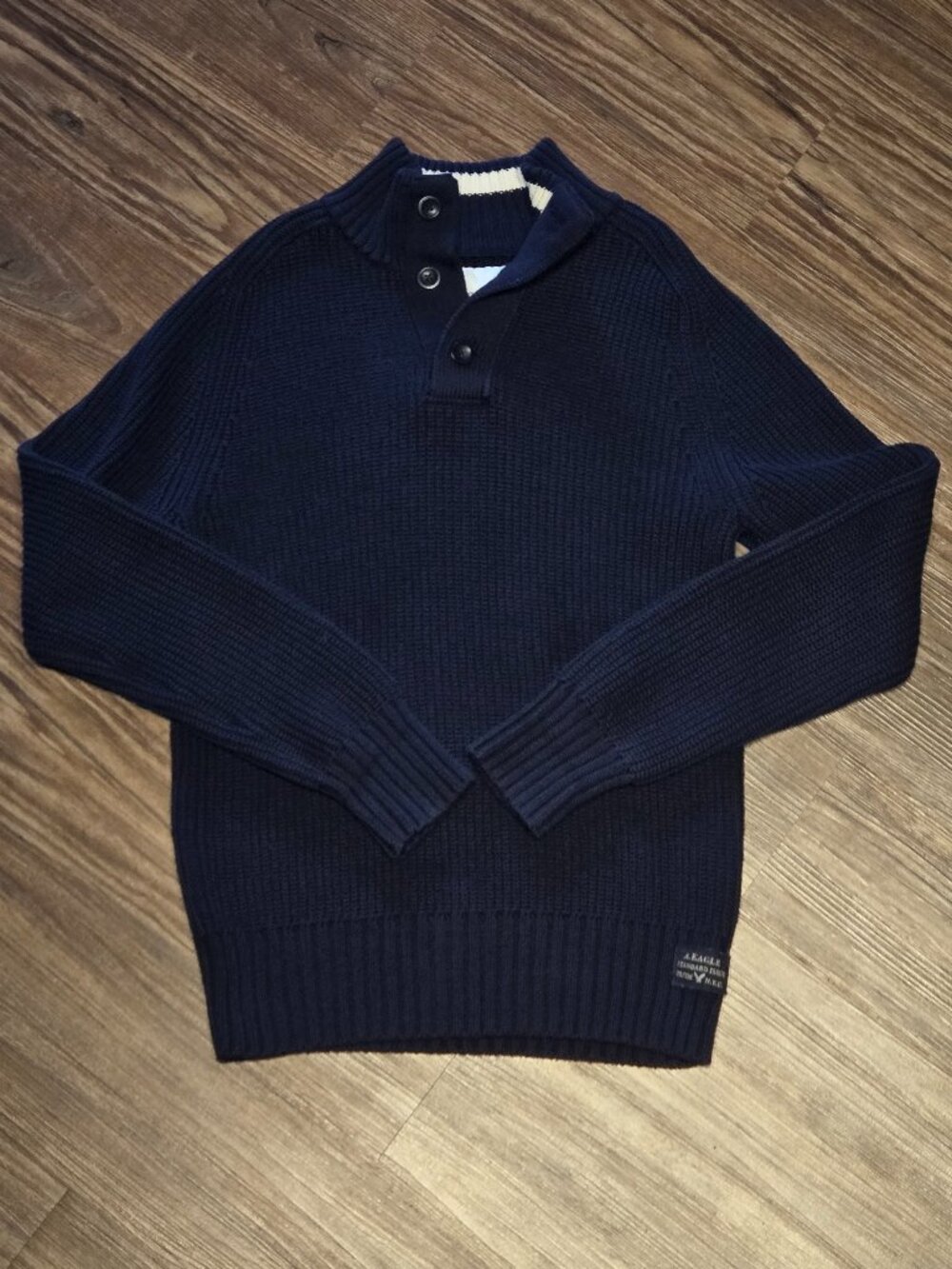 Vintage American Eagle Men’s Navy Chunky Knit Button Collar Sweater M